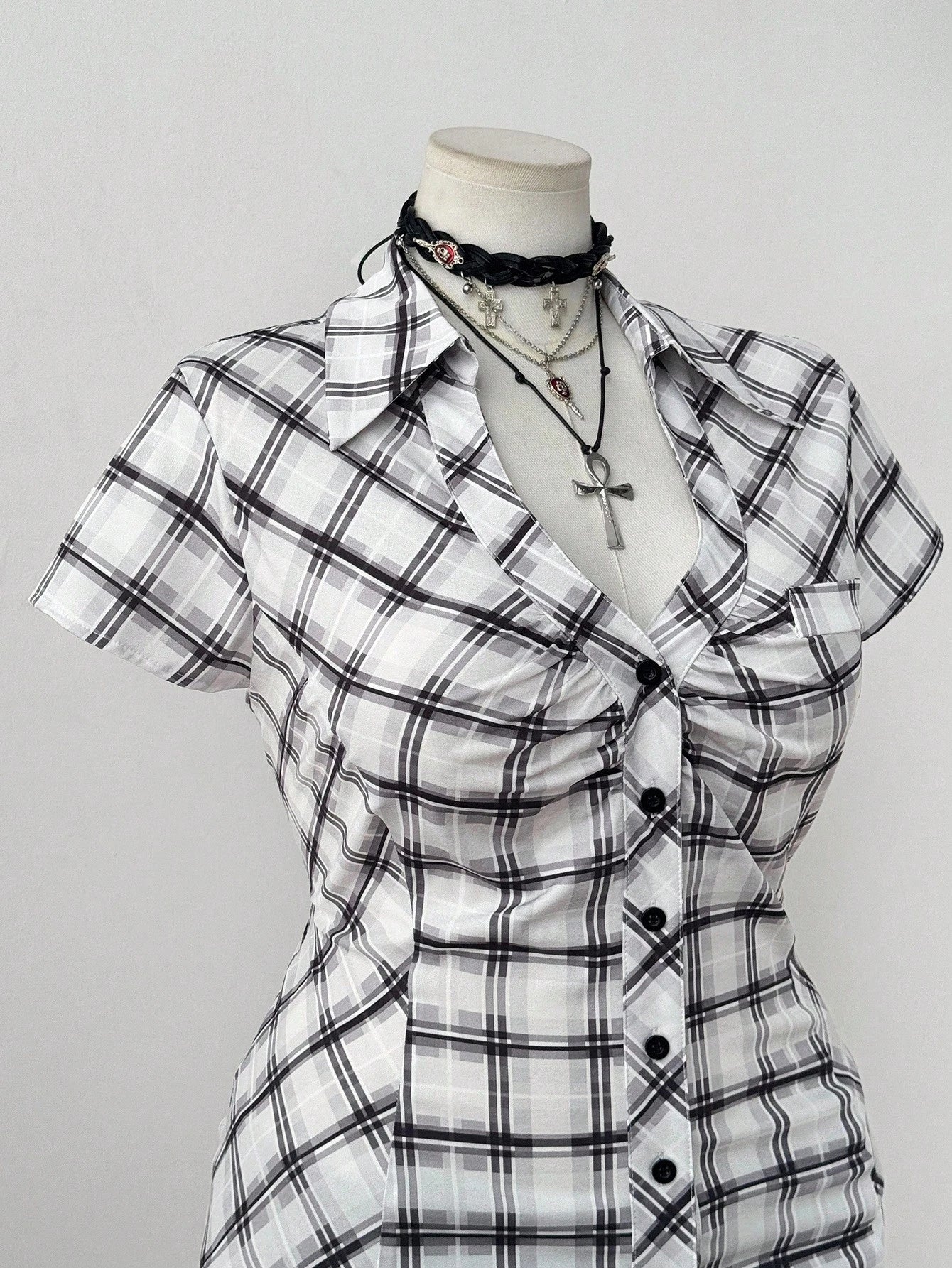 Sunspun Plus Size Plaid Short Sleeve Cinched Waist Casual Shirt