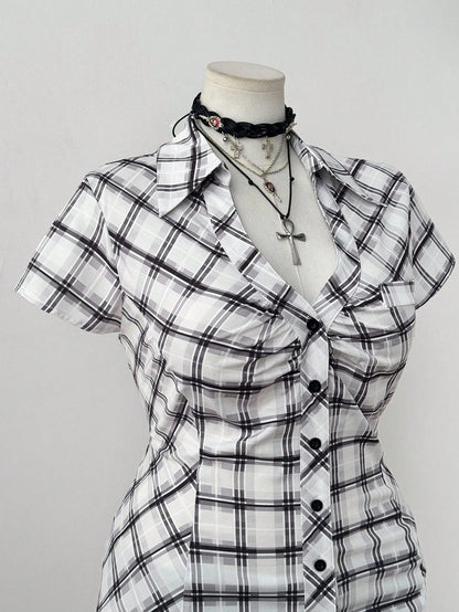 Sunspun Plus Size Plaid Short Sleeve Cinched Waist Casual Shirt