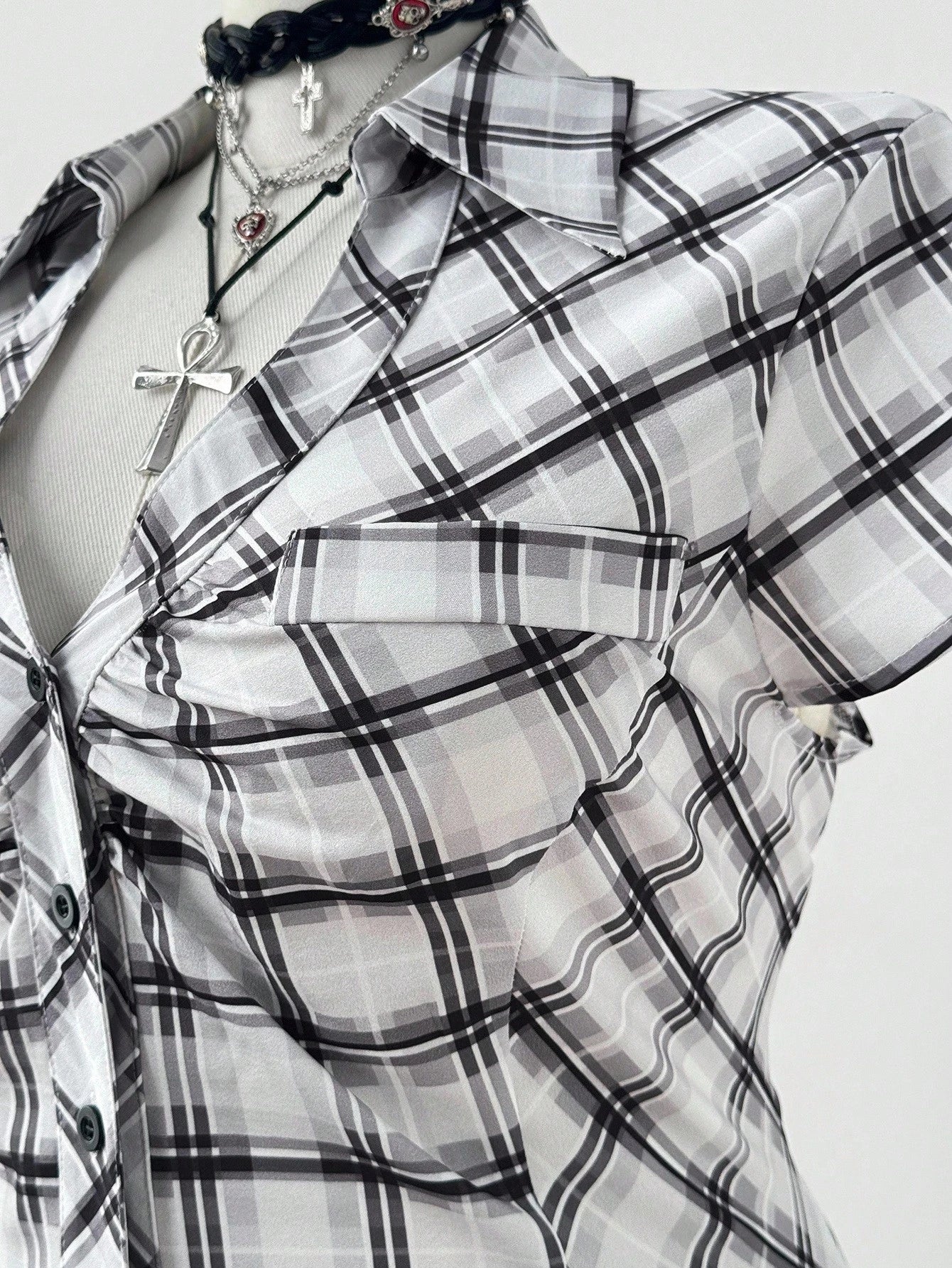 Sunspun Plus Size Plaid Short Sleeve Cinched Waist Casual Shirt