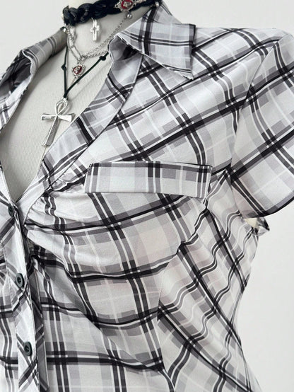 Sunspun Plus Size Plaid Short Sleeve Cinched Waist Casual Shirt