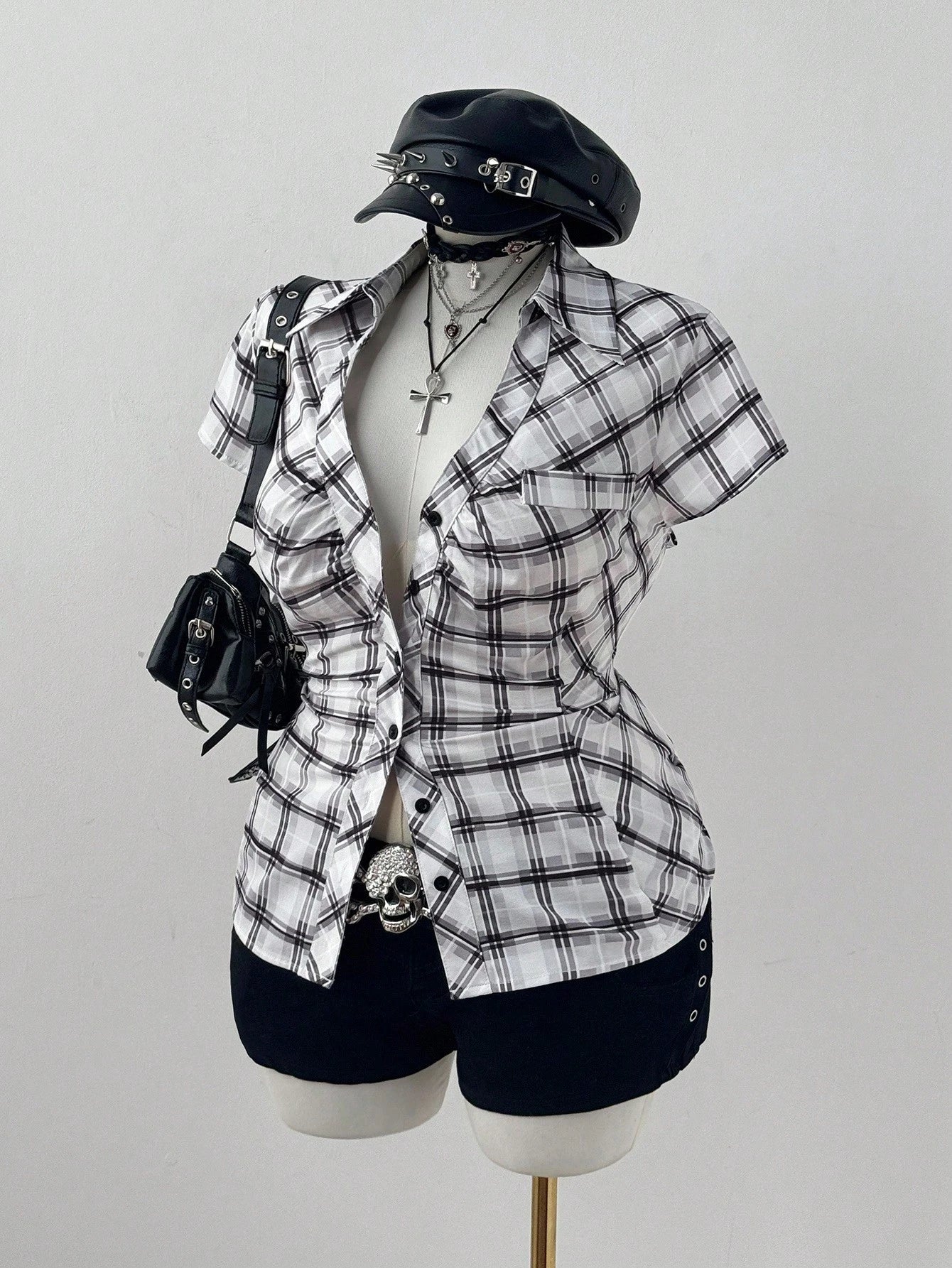 Sunspun Plus Size Plaid Short Sleeve Cinched Waist Casual Shirt