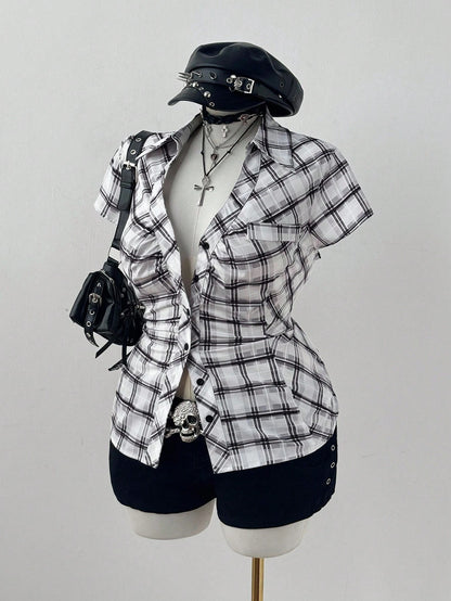 Sunspun Plus Size Plaid Short Sleeve Cinched Waist Casual Shirt
