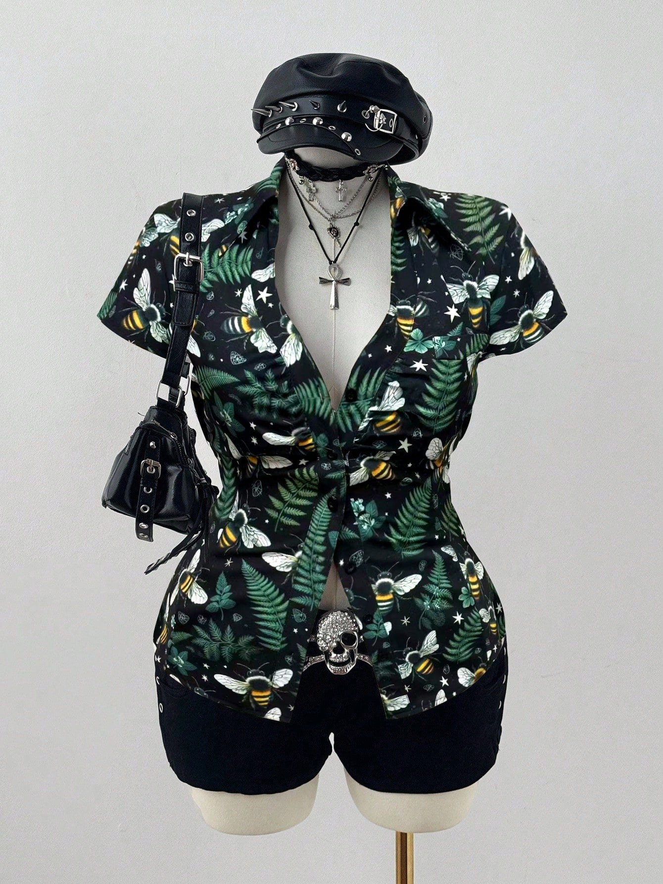 Sunspun Plus Size Plaid Short Sleeve Cinched Waist Casual Shirt