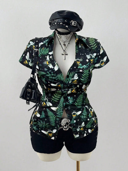 Sunspun Plus Size Plaid Short Sleeve Cinched Waist Casual Shirt