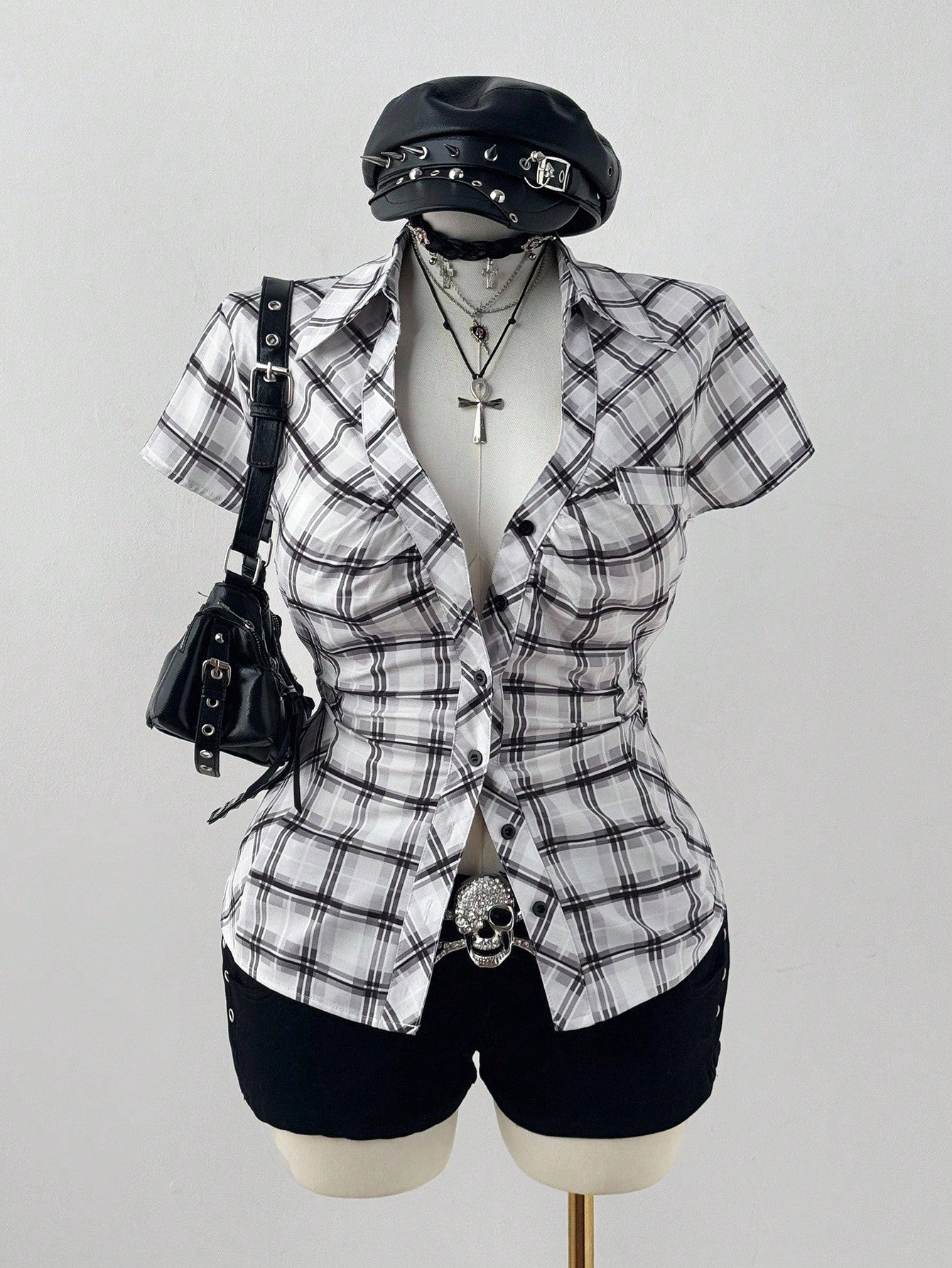 Sunspun Plus Size Plaid Short Sleeve Cinched Waist Casual Shirt