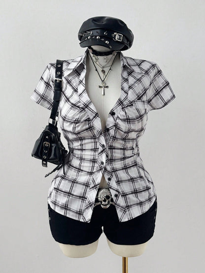 Sunspun Plus Size Plaid Short Sleeve Cinched Waist Casual Shirt