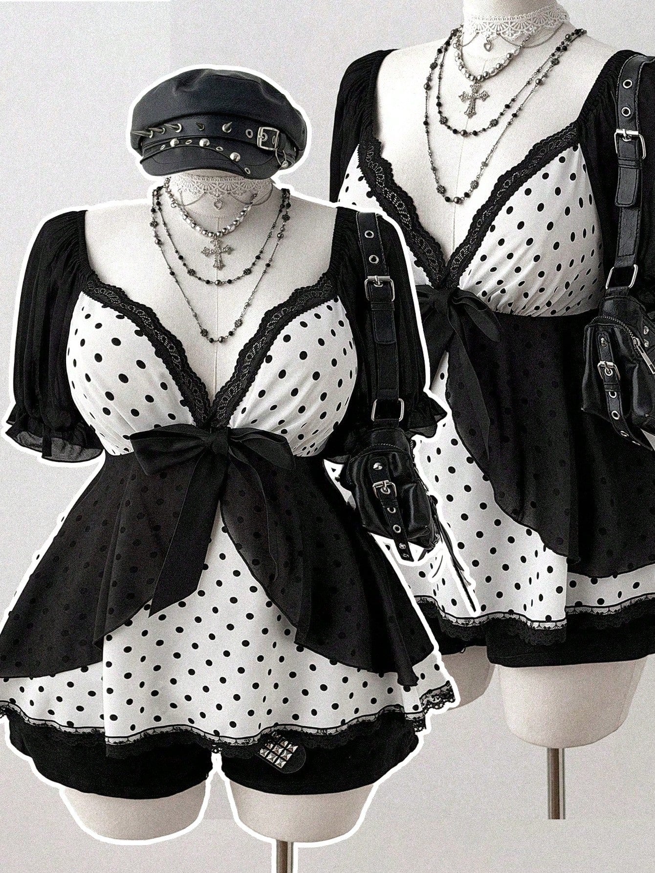 Sunspun Plus Size Polka Dot Patchwork Chiffon Bowknot Blouse, Spring/Summer