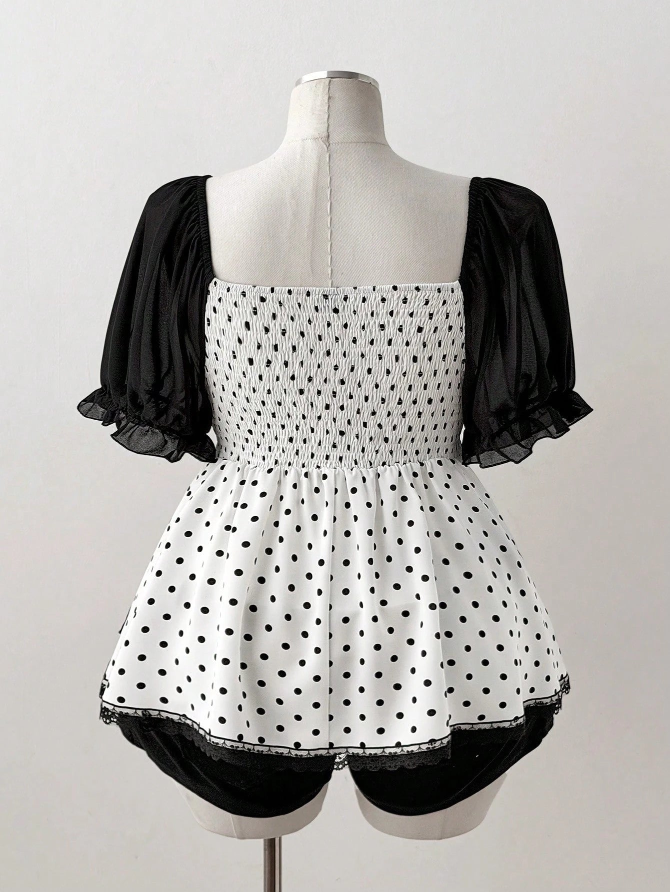 Sunspun Plus Size Polka Dot Patchwork Chiffon Bowknot Blouse, Spring/Summer