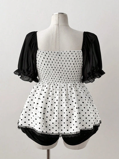 Sunspun Plus Size Polka Dot Patchwork Chiffon Bowknot Blouse, Spring/Summer