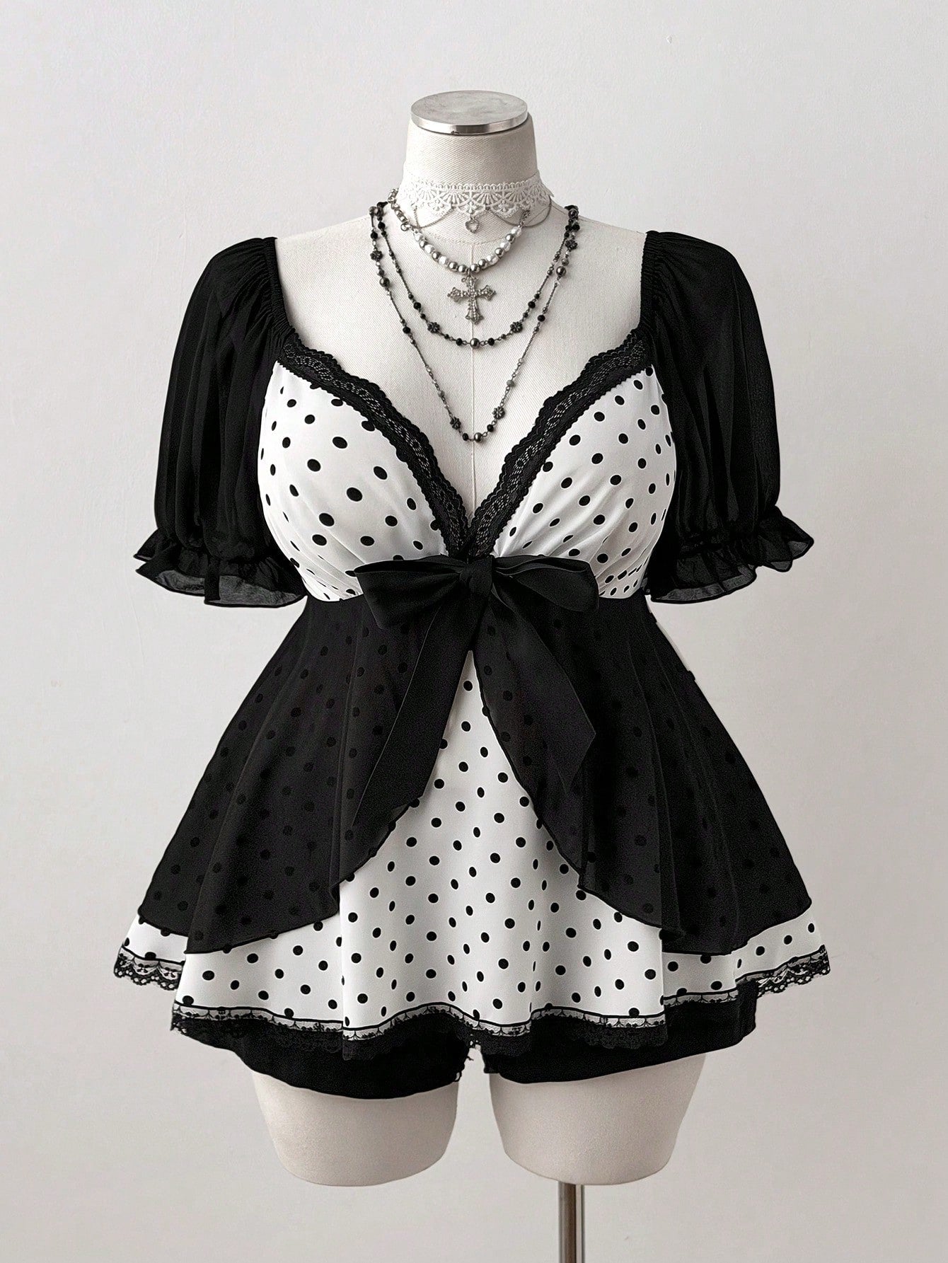 Sunspun Plus Size Polka Dot Patchwork Chiffon Bowknot Blouse, Spring/Summer