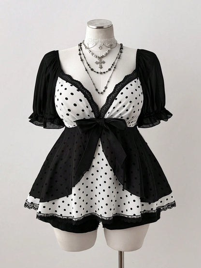 Sunspun Plus Size Polka Dot Patchwork Chiffon Bowknot Blouse, Spring/Summer