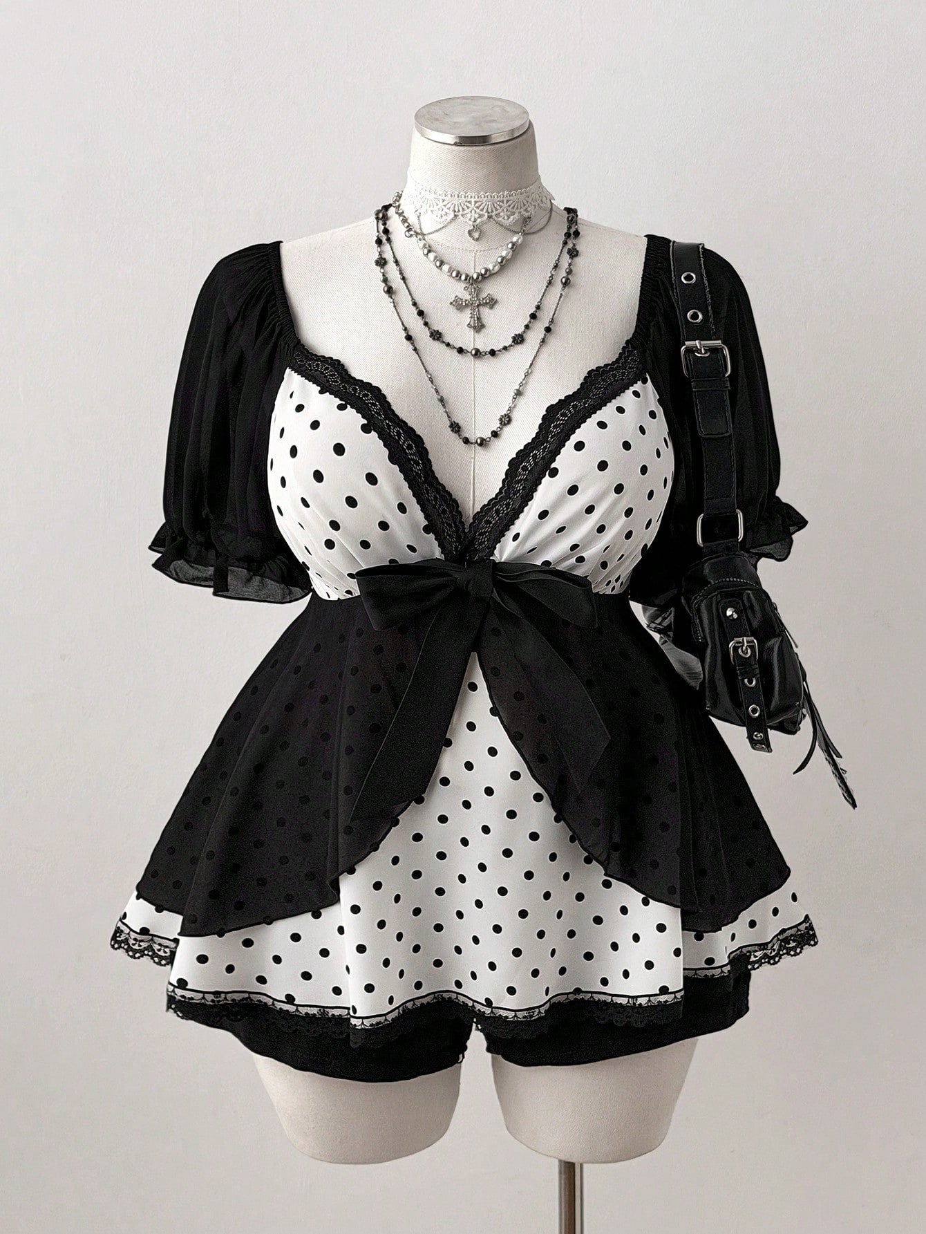 Sunspun Plus Size Polka Dot Patchwork Chiffon Bowknot Blouse, Spring/Summer