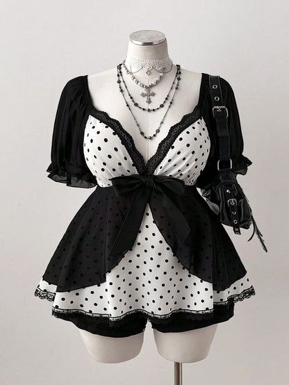 Sunspun Plus Size Polka Dot Patchwork Chiffon Bowknot Blouse, Spring/Summer