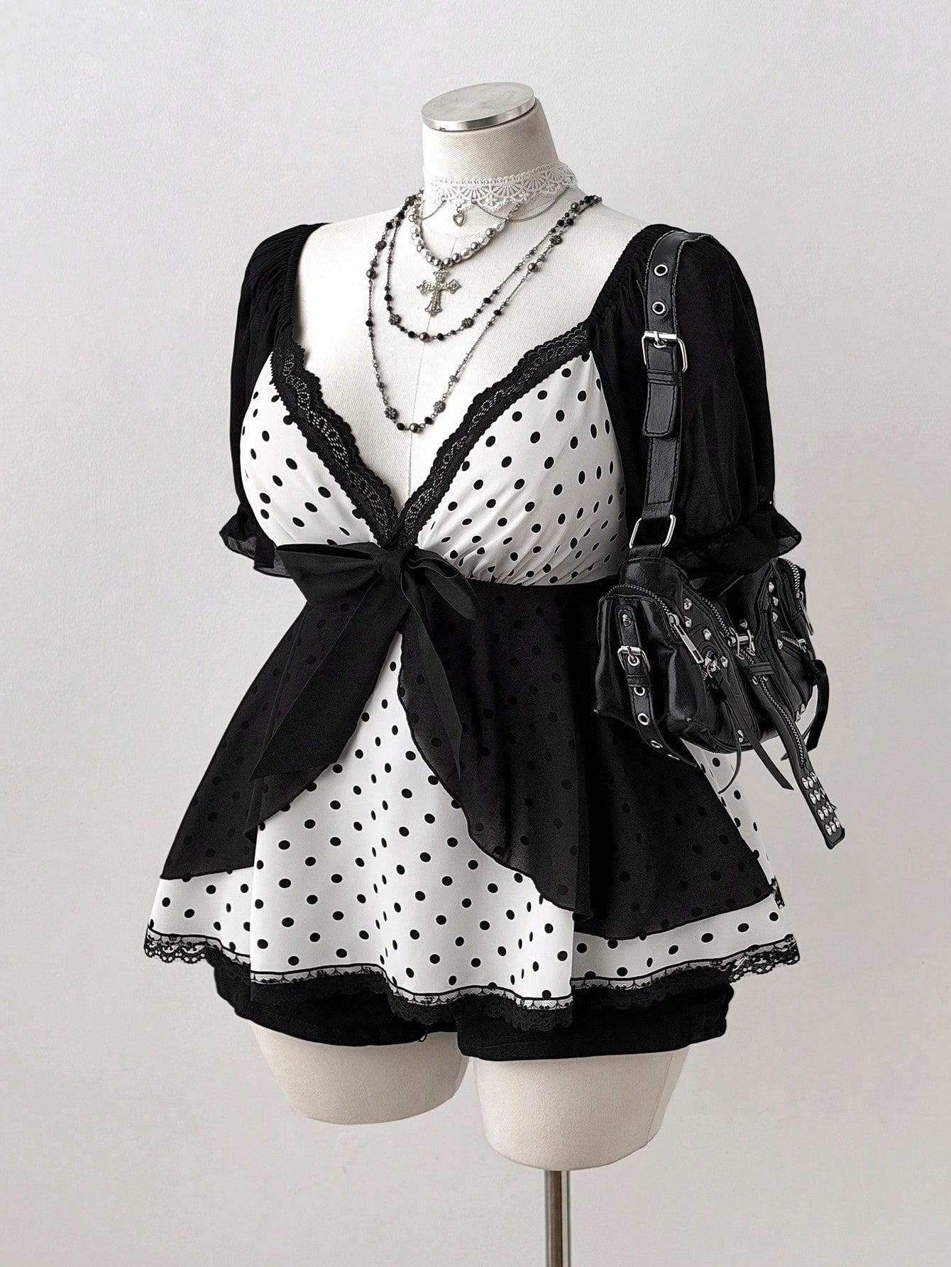 Sunspun Plus Size Polka Dot Patchwork Chiffon Bowknot Blouse, Spring/Summer