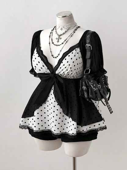 Sunspun Plus Size Polka Dot Patchwork Chiffon Bowknot Blouse, Spring/Summer