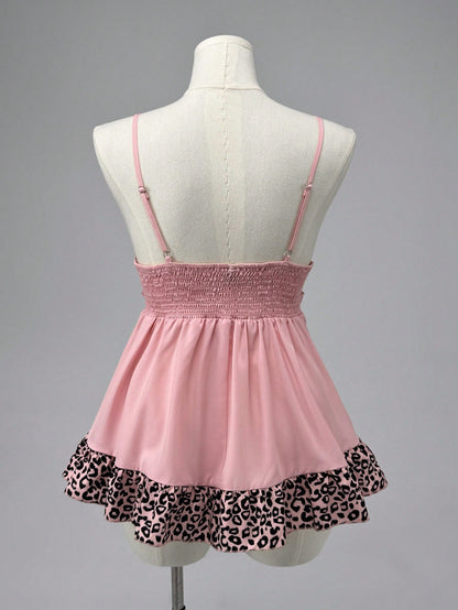 Sunspun Plus Size Spring/Summer Pink Leopard Print Patchwork Vacation Camisole Tank Top