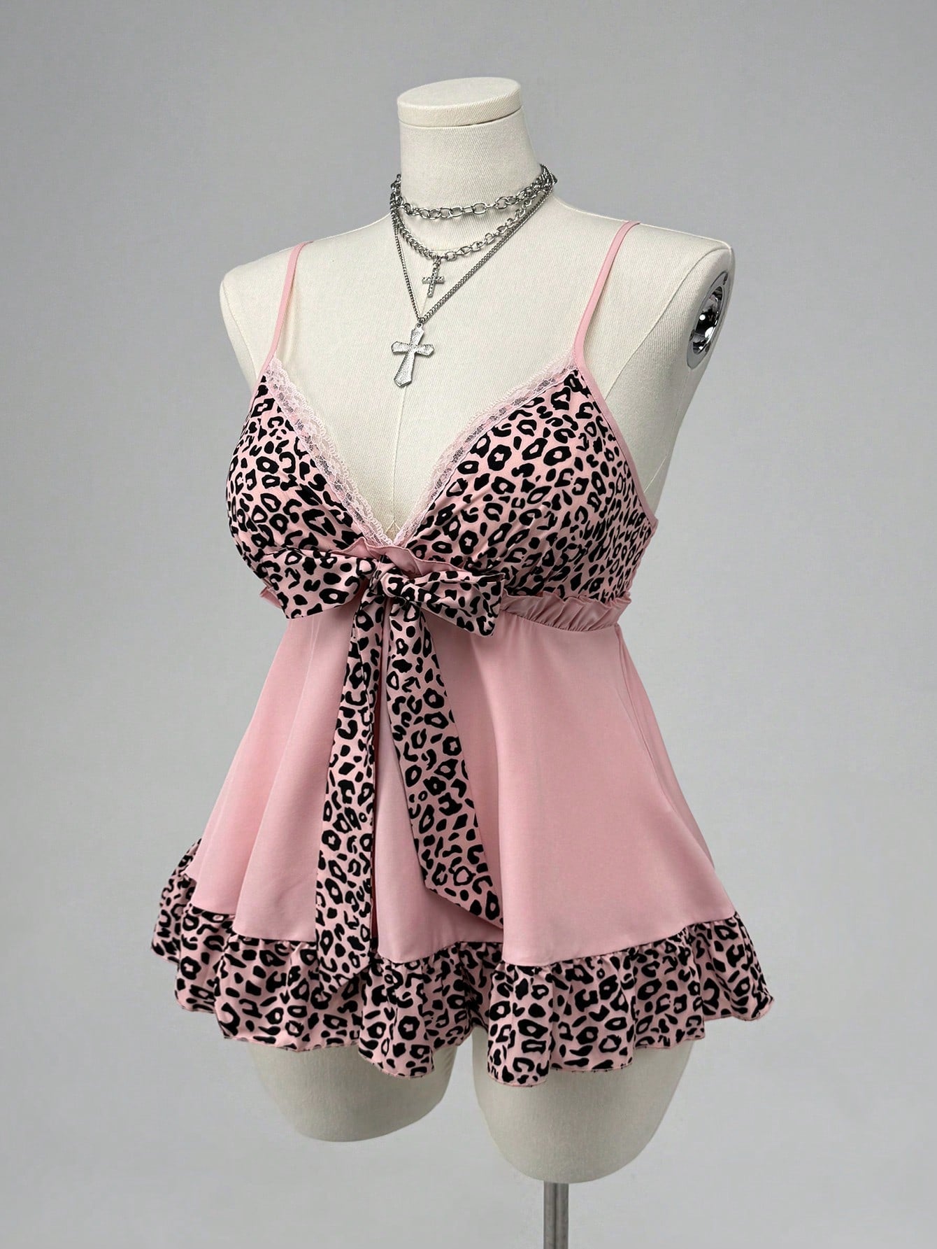 Sunspun Plus Size Spring/Summer Pink Leopard Print Patchwork Vacation Camisole Tank Top