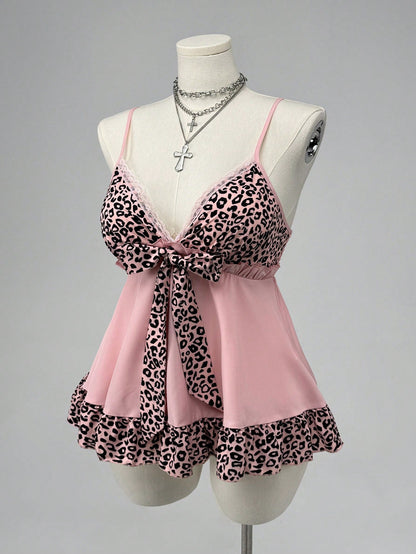 Sunspun Plus Size Spring/Summer Pink Leopard Print Patchwork Vacation Camisole Tank Top