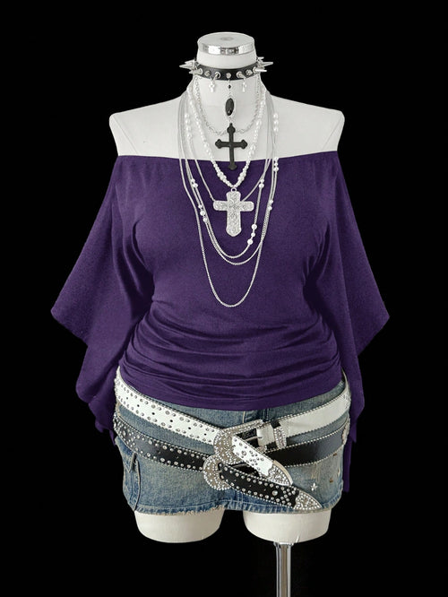Sunspun Plus Size Women Retro Punk Style Off-Shoulder Ruched Waist Long Sleeve T-Shirt, Suitable For Daily Wear And Office Commute