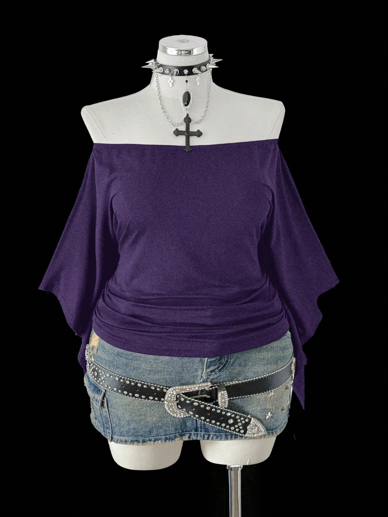 Sunspun Plus Size Women Retro Punk Style Off-Shoulder Ruched Waist Long Sleeve T-Shirt, Suitable For Daily Wear And Office Commute