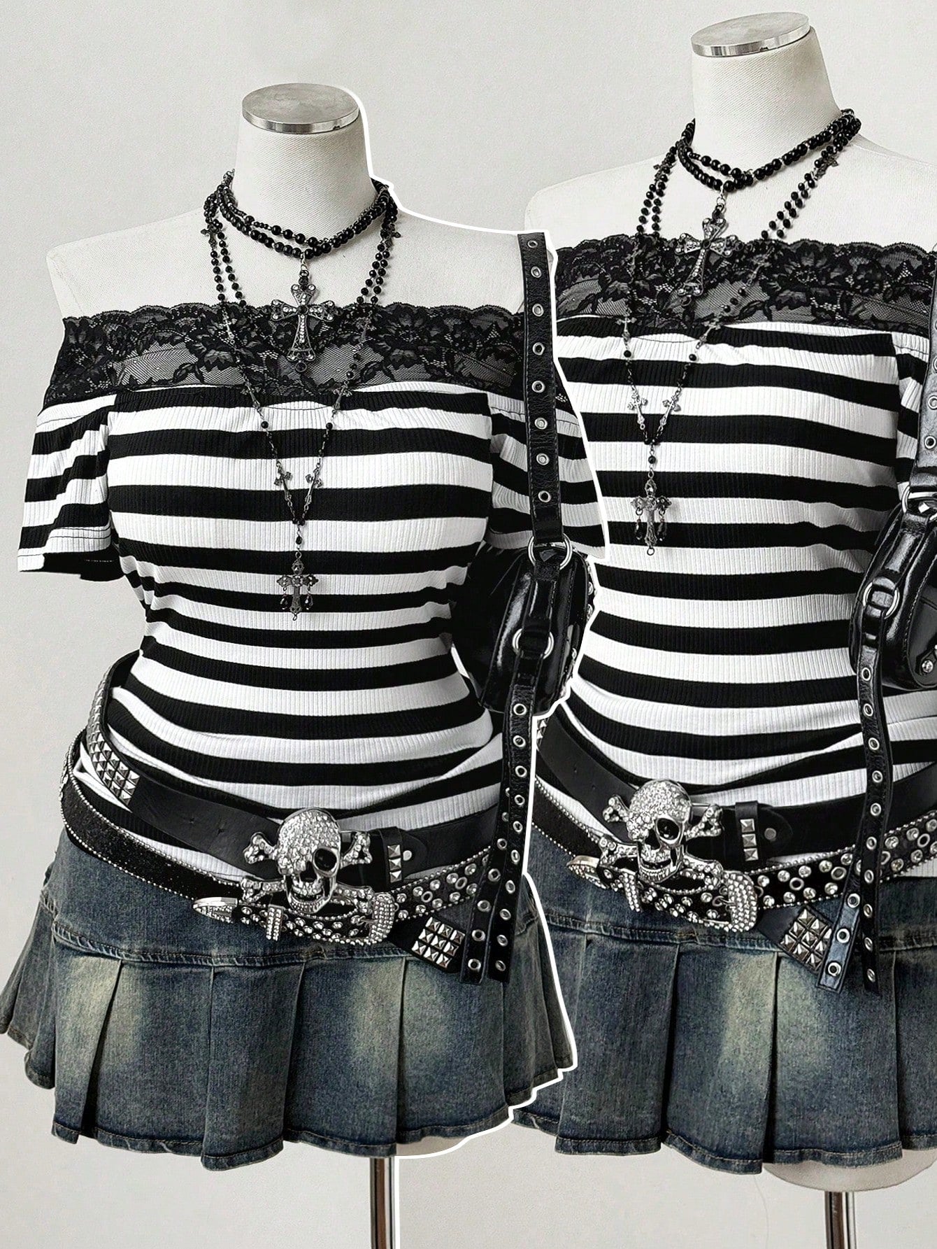 Sunspun Punk Style Off-Shoulder Off-Shoulder Striped Lace Trim Patchwork Short Sleeve Plus Size T-Shirt Top- Gothic Y2K Ribbed T-Shirt