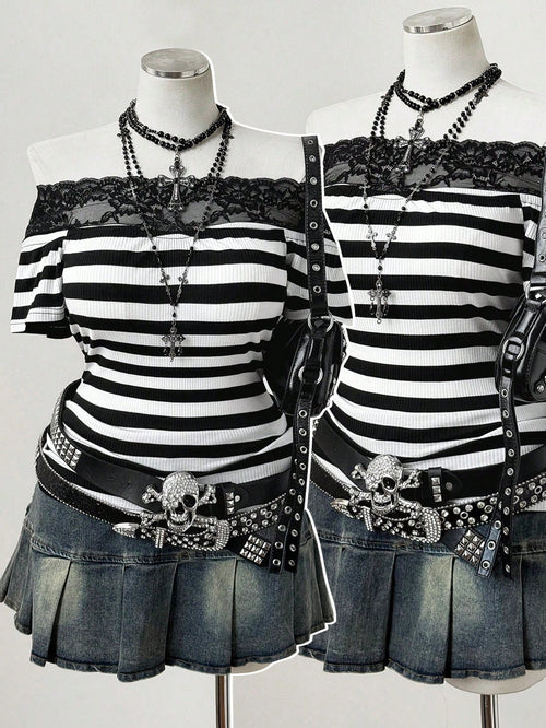 Sunspun Punk Style Off-Shoulder Off-Shoulder Striped Lace Trim Patchwork Short Sleeve Plus Size T-Shirt Top- Gothic Y2K Ribbed T-Shirt