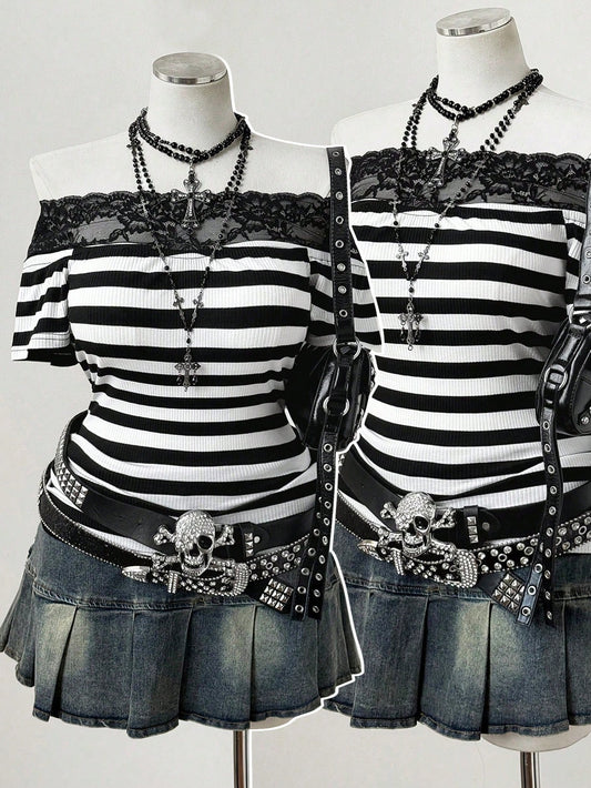 Sunspun Punk Style Off-Shoulder Off-Shoulder Striped Lace Trim Patchwork Short Sleeve Plus Size T-Shirt Top- Gothic Y2K Ribbed T-Shirt