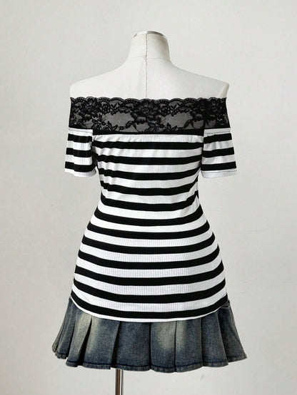 Sunspun Punk Style Off-Shoulder Off-Shoulder Striped Lace Trim Patchwork Short Sleeve Plus Size T-Shirt Top- Gothic Y2K Ribbed T-Shirt