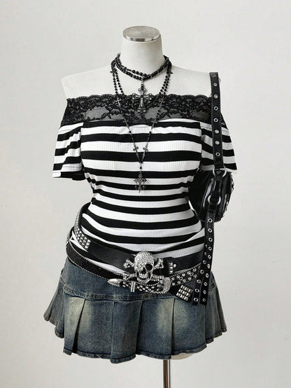 Sunspun Punk Style Off-Shoulder Off-Shoulder Striped Lace Trim Patchwork Short Sleeve Plus Size T-Shirt Top- Gothic Y2K Ribbed T-Shirt