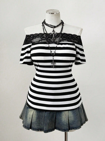 Sunspun Punk Style Off-Shoulder Off-Shoulder Striped Lace Trim Patchwork Short Sleeve Plus Size T-Shirt Top- Gothic Y2K Ribbed T-Shirt