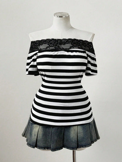 Sunspun Punk Style Off-Shoulder Off-Shoulder Striped Lace Trim Patchwork Short Sleeve Plus Size T-Shirt Top- Gothic Y2K Ribbed T-Shirt