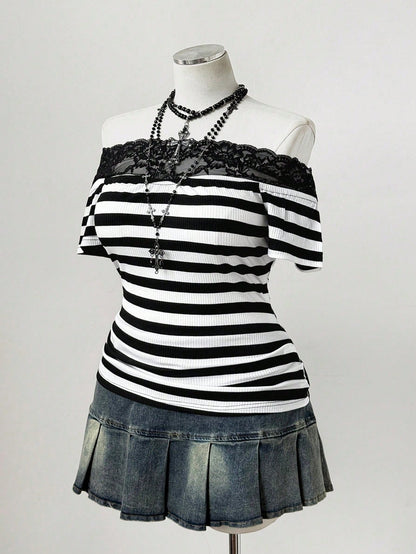 Sunspun Punk Style Off-Shoulder Off-Shoulder Striped Lace Trim Patchwork Short Sleeve Plus Size T-Shirt Top- Gothic Y2K Ribbed T-Shirt