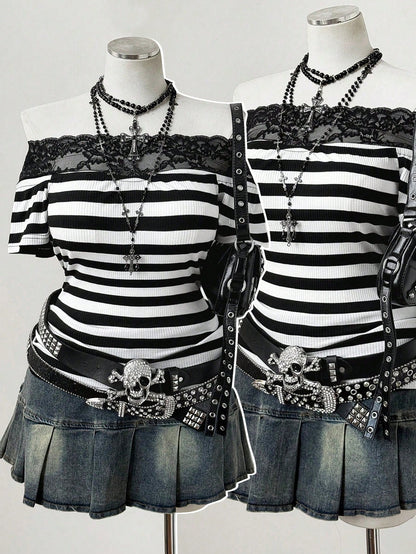 Sunspun Punk Style Off-Shoulder Off-Shoulder Striped Lace Trim Patchwork Short Sleeve Plus Size T-Shirt Top- Gothic Y2K Ribbed T-Shirt