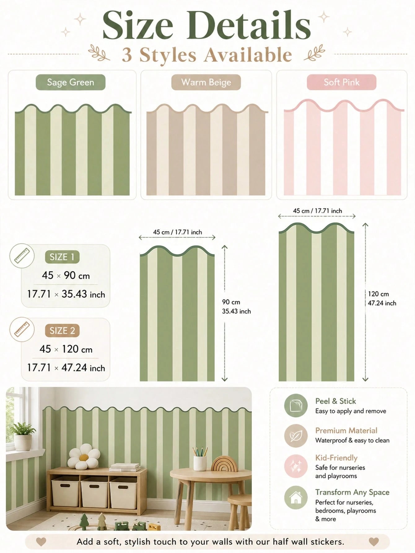 SUPSTICKER 1pc Colorful Wavy Striped Half Wall Sticker, Waterproof Removable PVC Self-Adhesive Wallpaper, Suitable For Nursery And Bedroom, 11.72*35.43/47.24inch
