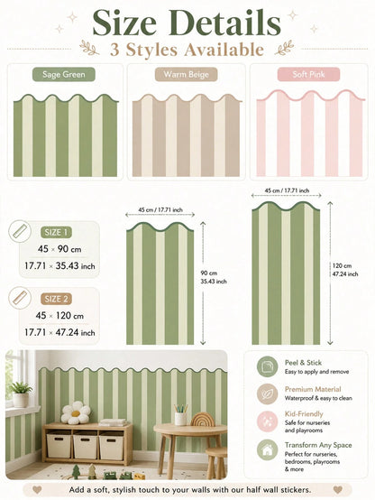 SUPSTICKER 1pc Colorful Wavy Striped Half Wall Sticker, Waterproof Removable PVC Self-Adhesive Wallpaper, Suitable For Nursery And Bedroom, 11.72*35.43/47.24inch