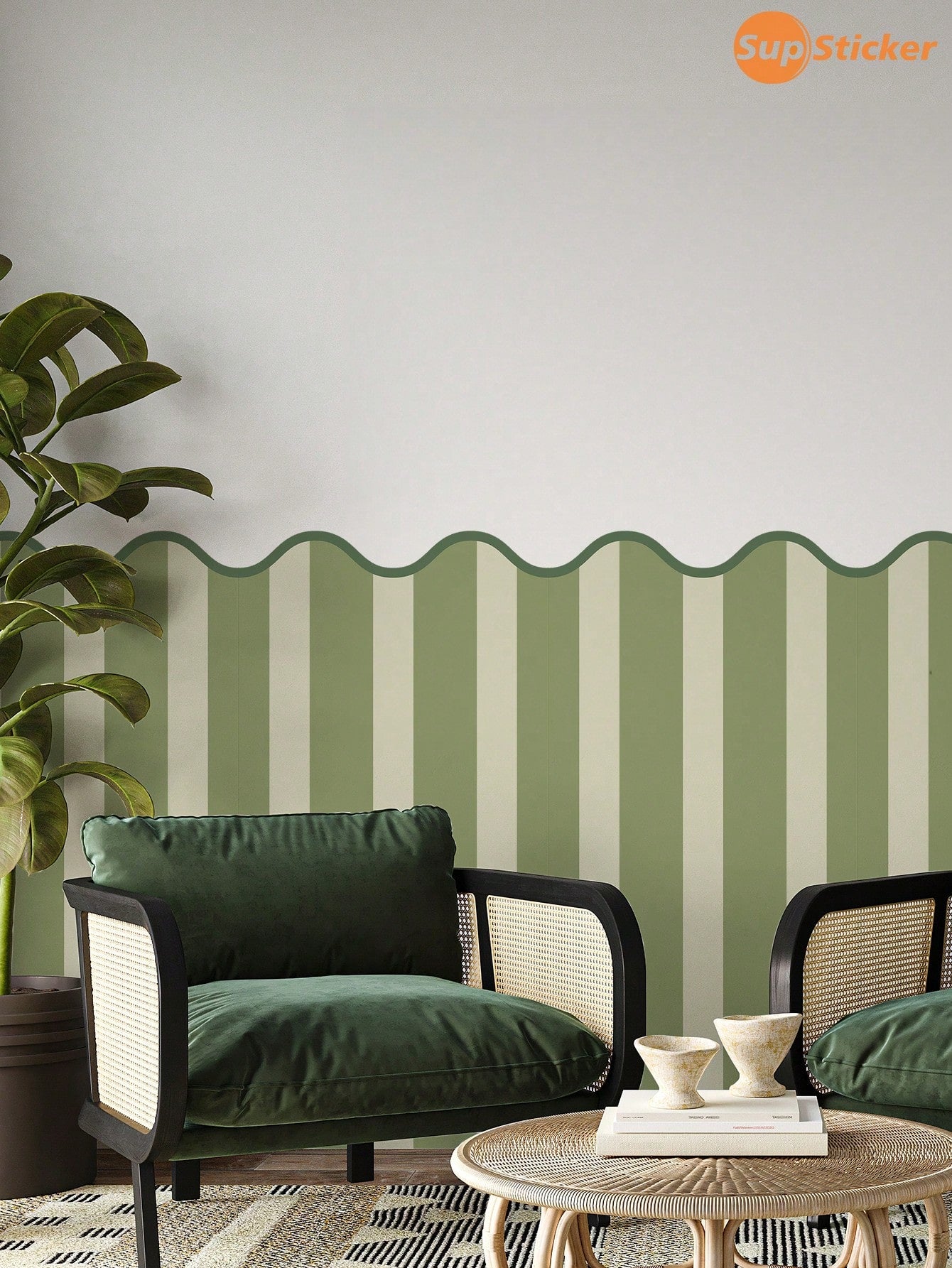 SUPSTICKER 1pc Colorful Wavy Striped Half Wall Sticker, Waterproof Removable PVC Self-Adhesive Wallpaper, Suitable For Nursery And Bedroom, 11.72*35.43/47.24inch