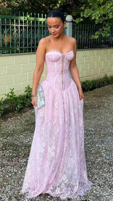 Sweet Pink Lace Corset A-Line Evening Prom Dresses, AST2314