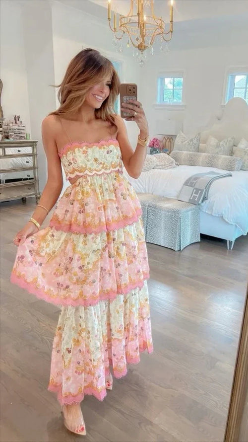 Sweet Straps Floral Tiered A-Line Long Party Dress,AST2310