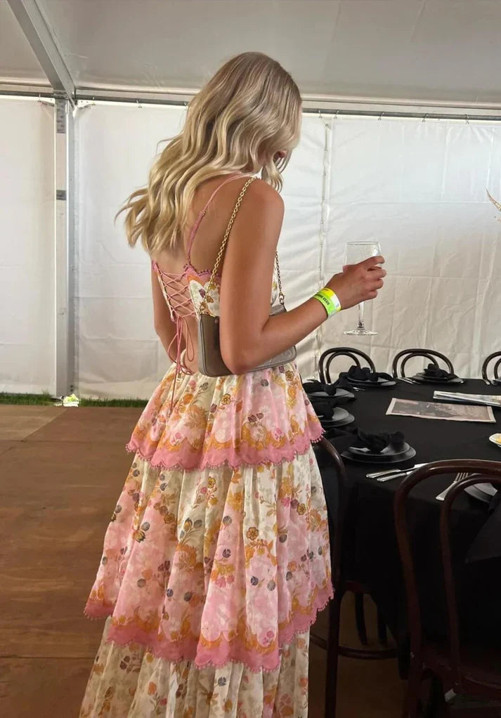 Sweet Straps Floral Tiered A-Line Long Party Dress,AST2310
