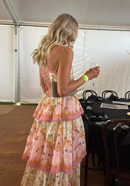 Sweet Straps Floral Tiered A-Line Long Party Dress,AST2310