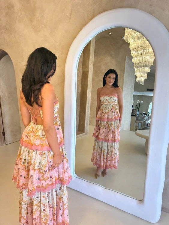 Sweet Straps Floral Tiered A-Line Long Party Dress,AST2310