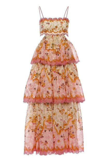 Sweet Straps Floral Tiered A-Line Long Party Dress,AST2310