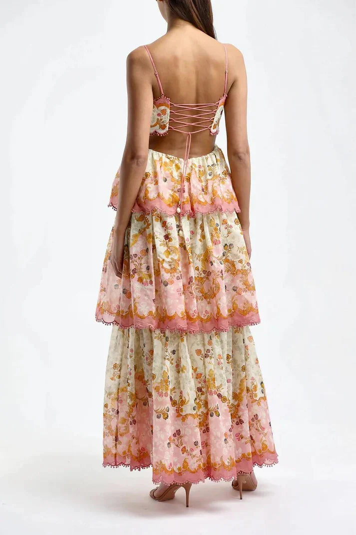 Sweet Straps Floral Tiered A-Line Long Party Dress,AST2310