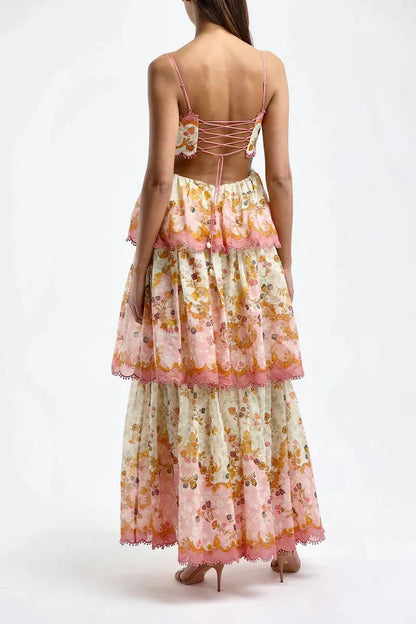 Sweet Straps Floral Tiered A-Line Long Party Dress,AST2310