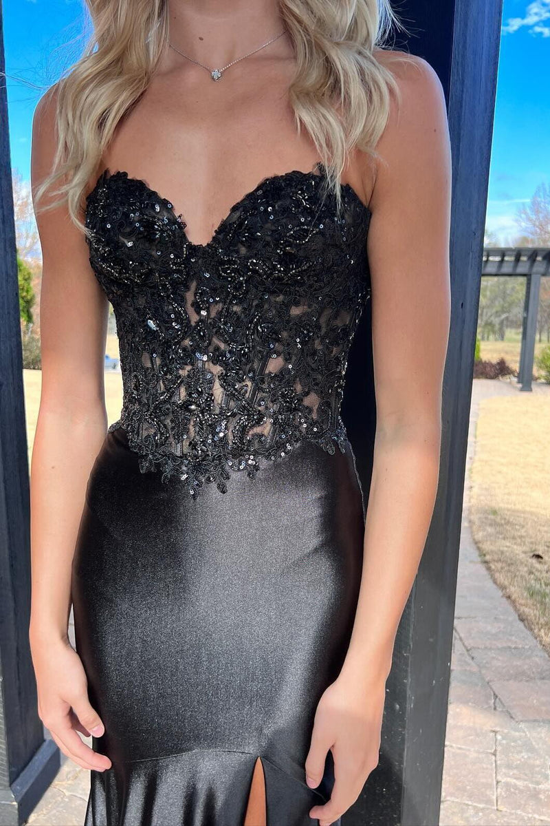 Sweetheart Black Appliques Mermaid Prom Dress with Slit