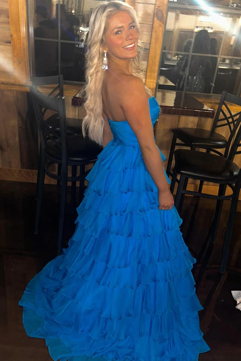 Sweetheart Blue Chiffon Tiered A-line Formal Gown