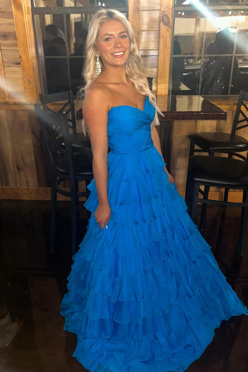 Sweetheart Blue Chiffon Tiered A-line Formal Gown