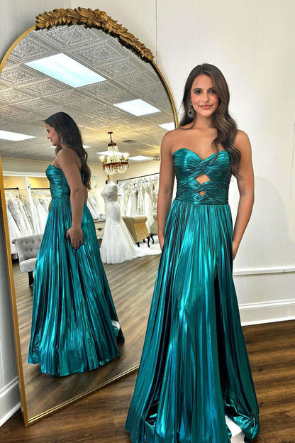 Sweetheart Blue Metallic Pleated Long Formal Dress