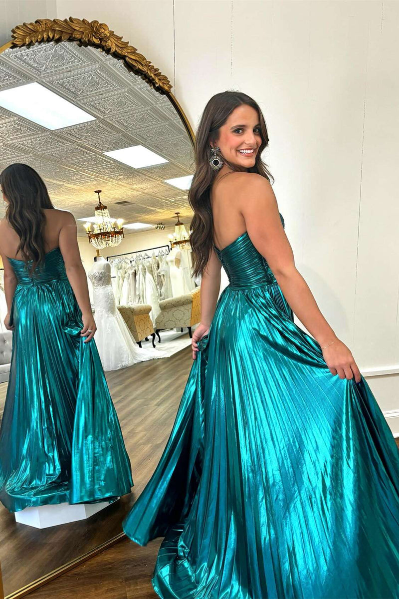 Sweetheart Blue Metallic Pleated Long Formal Dress