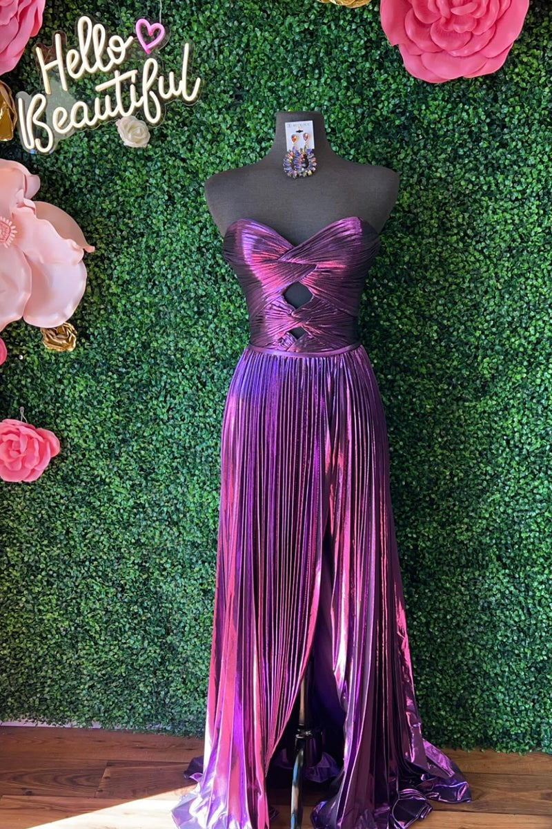Sweetheart Blue Metallic Pleated Long Formal Dress